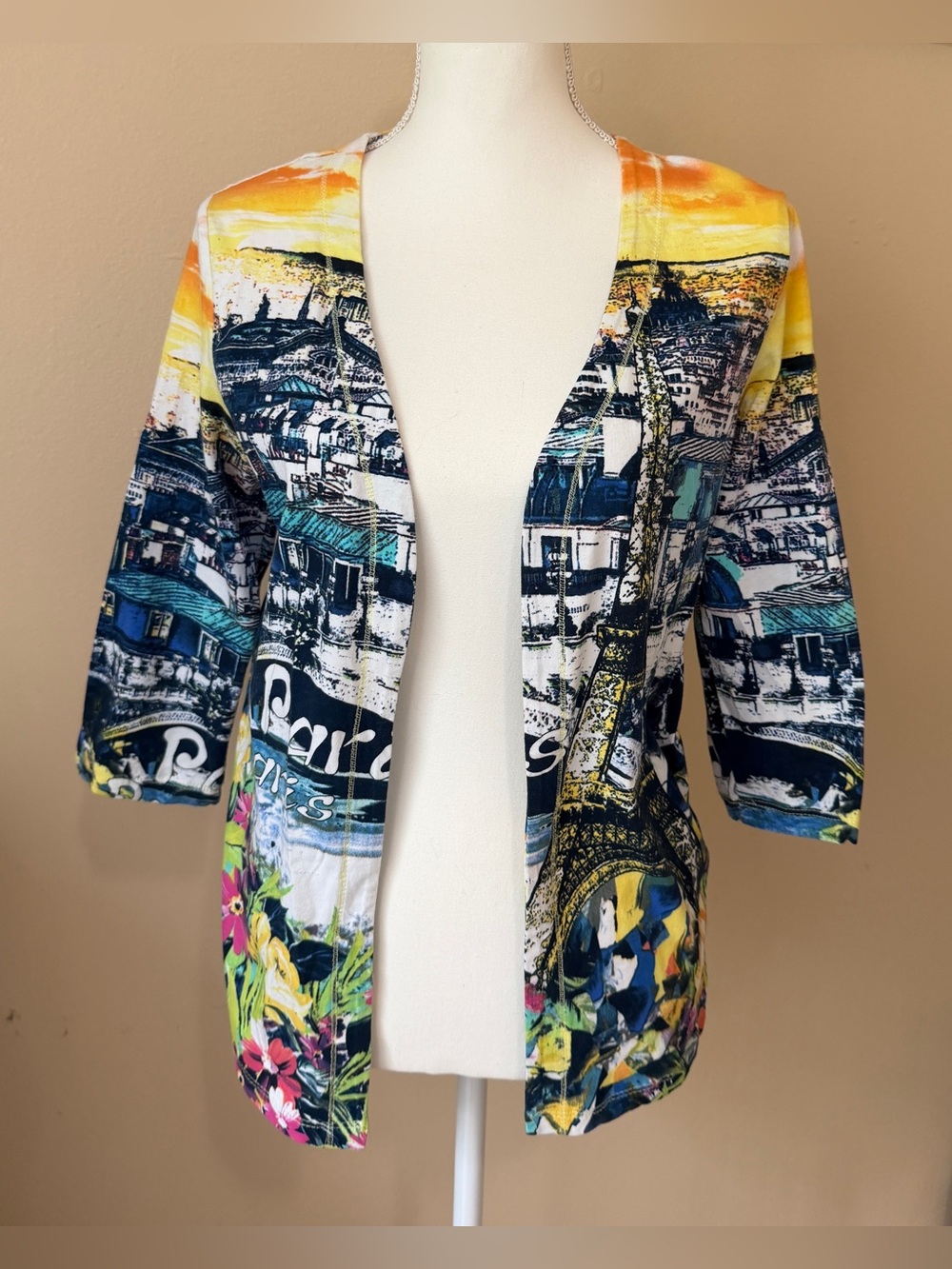 Onque Casual Women's S Cardigan Jacket 3/4 Sleeve Paris Eiffel Tower Print Art